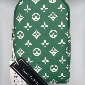 Luxie Collection Green White Monogram Crossbody Bag Gold Hardware Casual New